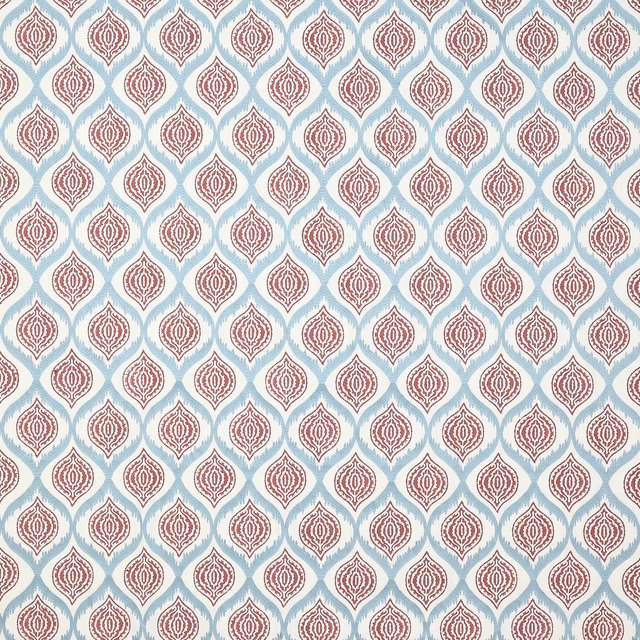 Repeating red teardrop motifs on a pale aqua patterned fabric swatch