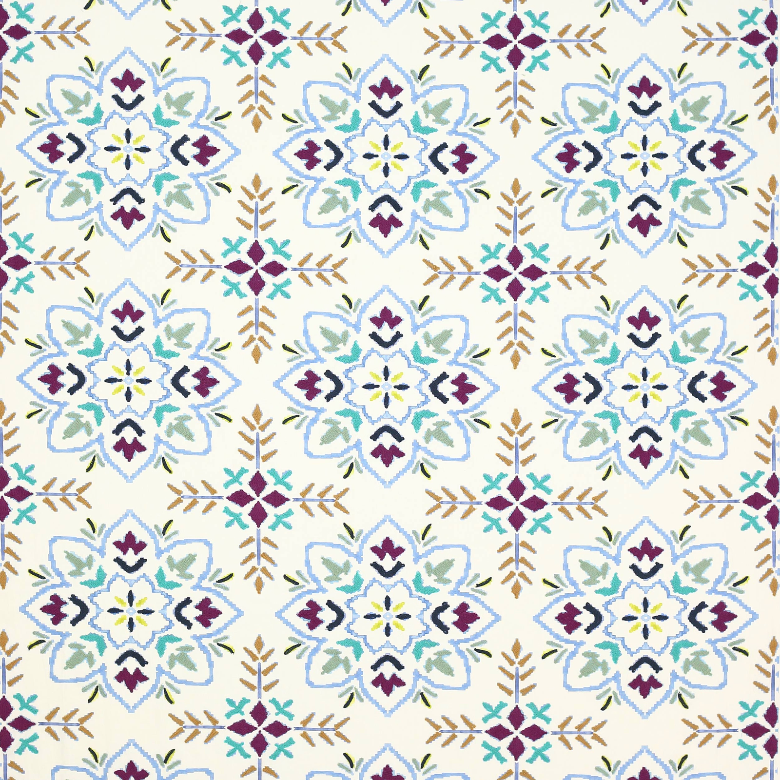 Swatch of floral geometric fabric in soft blue, aqua, plum and gold on ivory