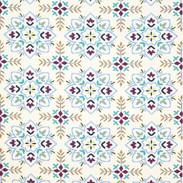 Swatch of floral geometric fabric in soft blue, aqua, plum and gold on ivory