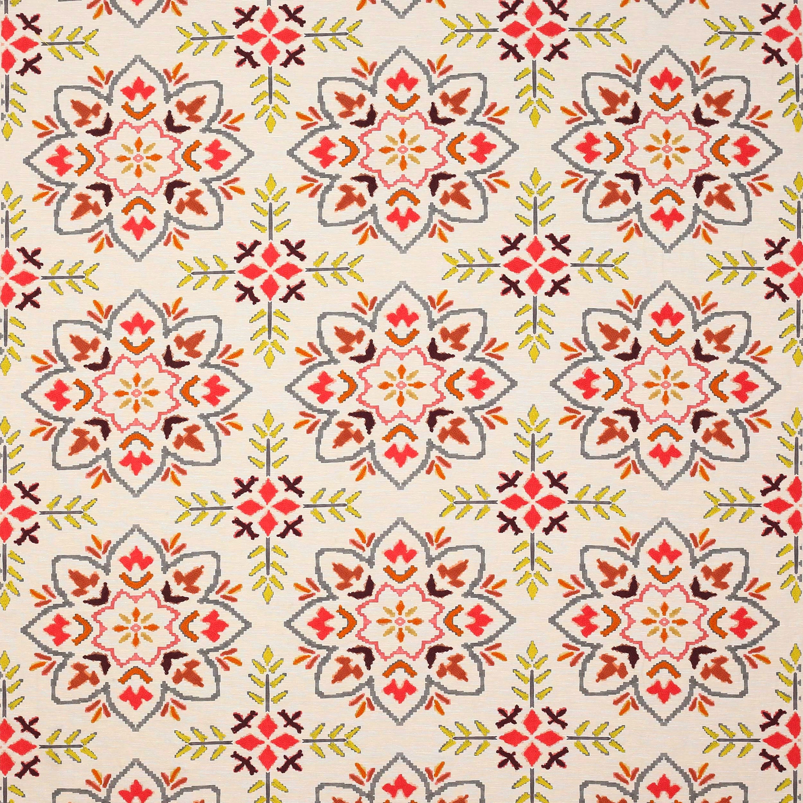 Cream fabric with repeating charcoal-outlined medallions in red, coral and yellow