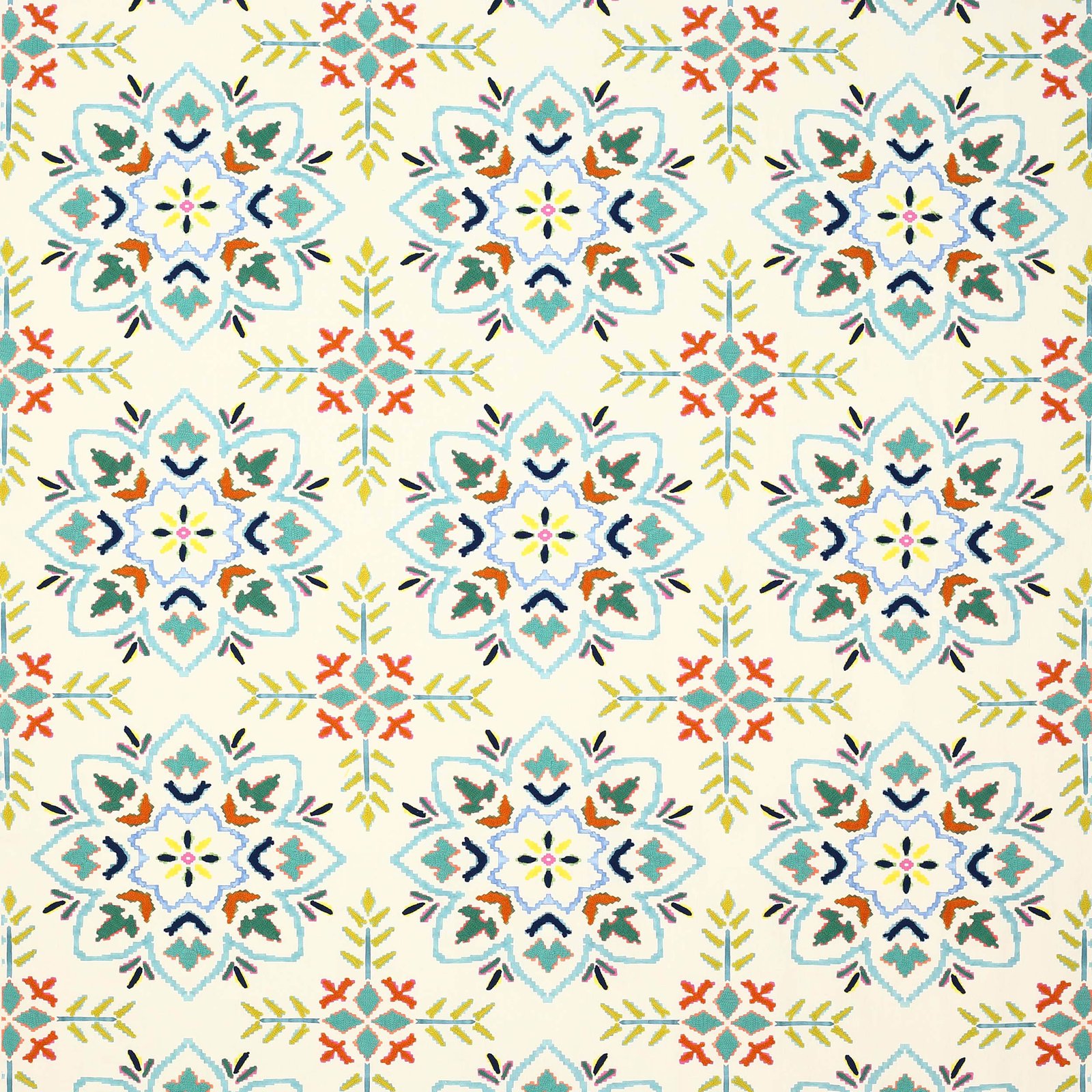 Cream fabric with large repeating rosette motifs in turquoise, navy, lime and orange