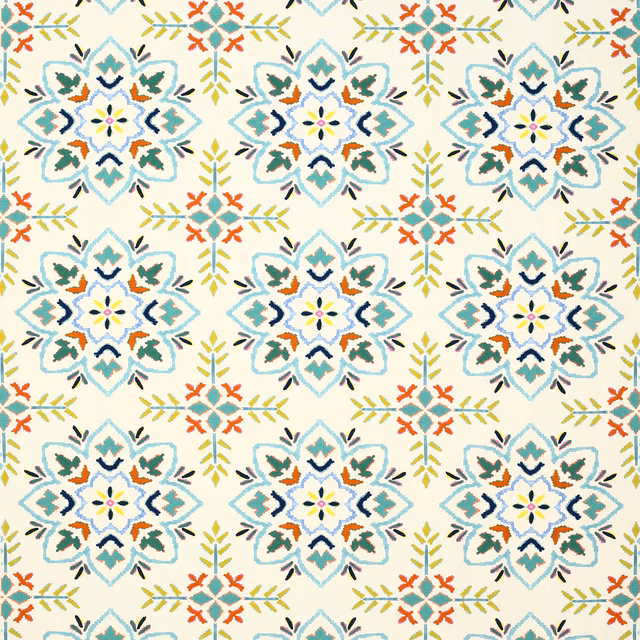 Cream fabric with large repeating rosette motifs in turquoise, navy, lime and orange