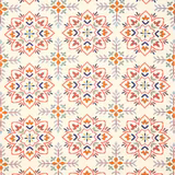 Cream fabric swatch with coral-red medallions and small blue, orange and sage motifs