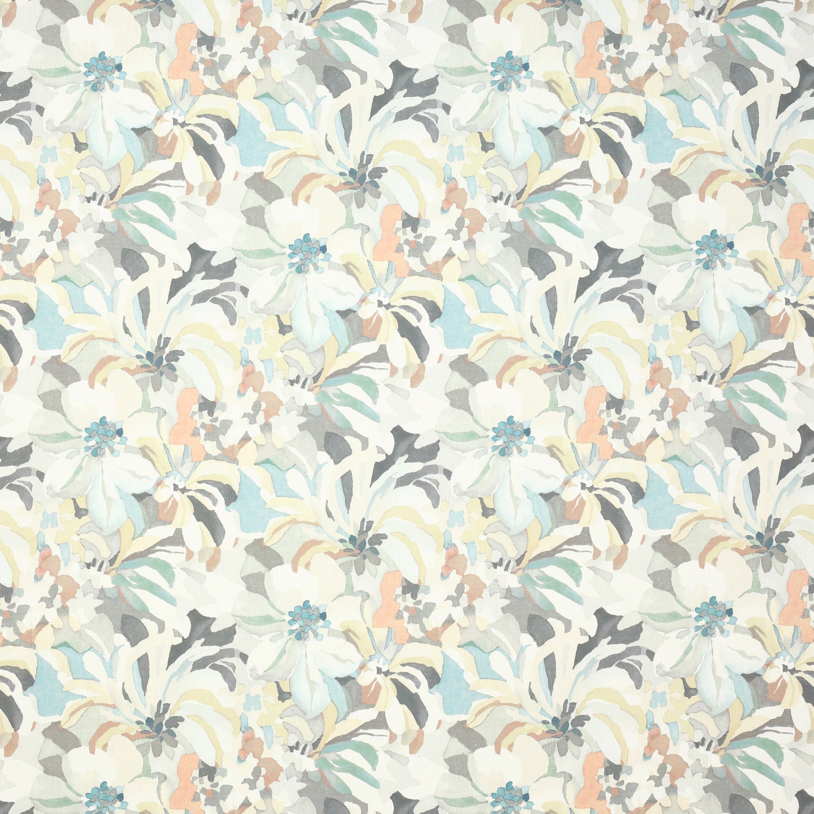 Large painterly floral fabric in soft grey, aqua, cream and muted peach tones