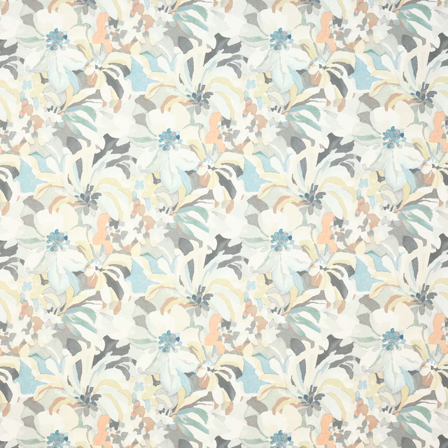 Large painterly floral fabric in soft grey, aqua, cream and muted peach tones