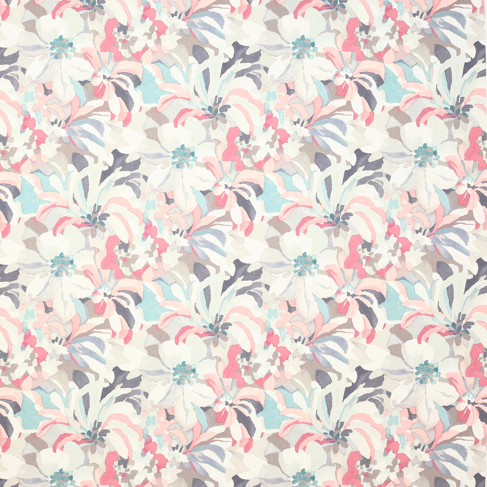 Painterly floral fabric with ivory blooms, hot pink and teal accents