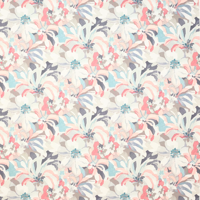 Painterly floral fabric with ivory blooms, hot pink and teal accents