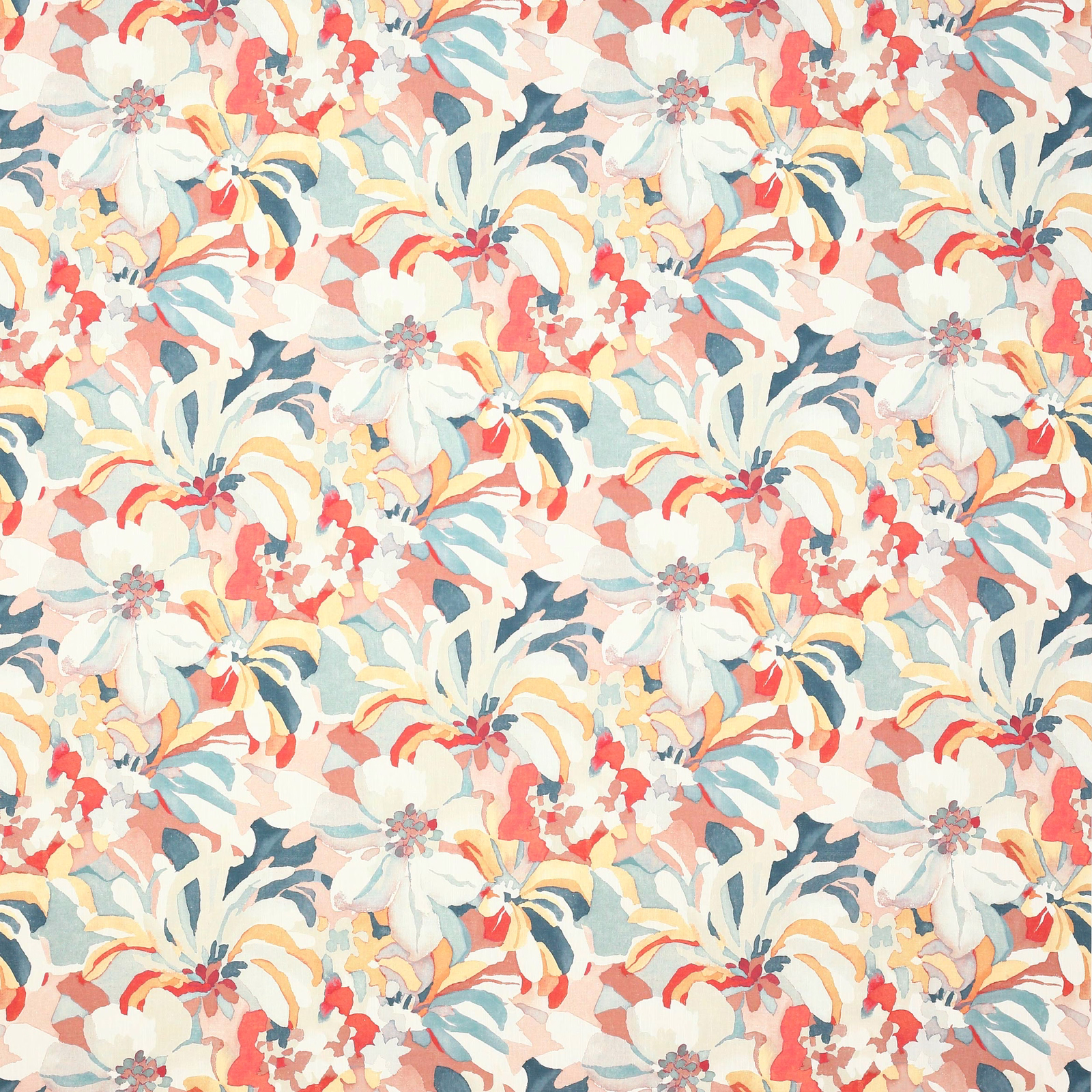 Large painterly floral fabric in coral red, aqua, cream and soft teal