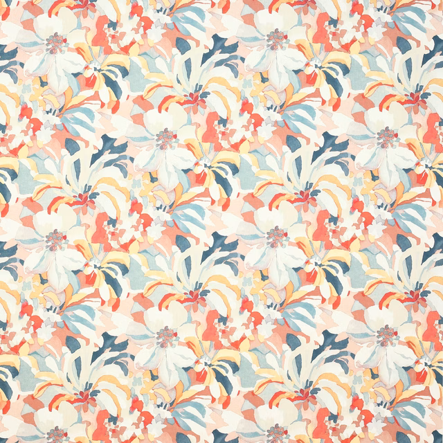 Large painterly floral fabric in coral red, aqua, cream and soft teal