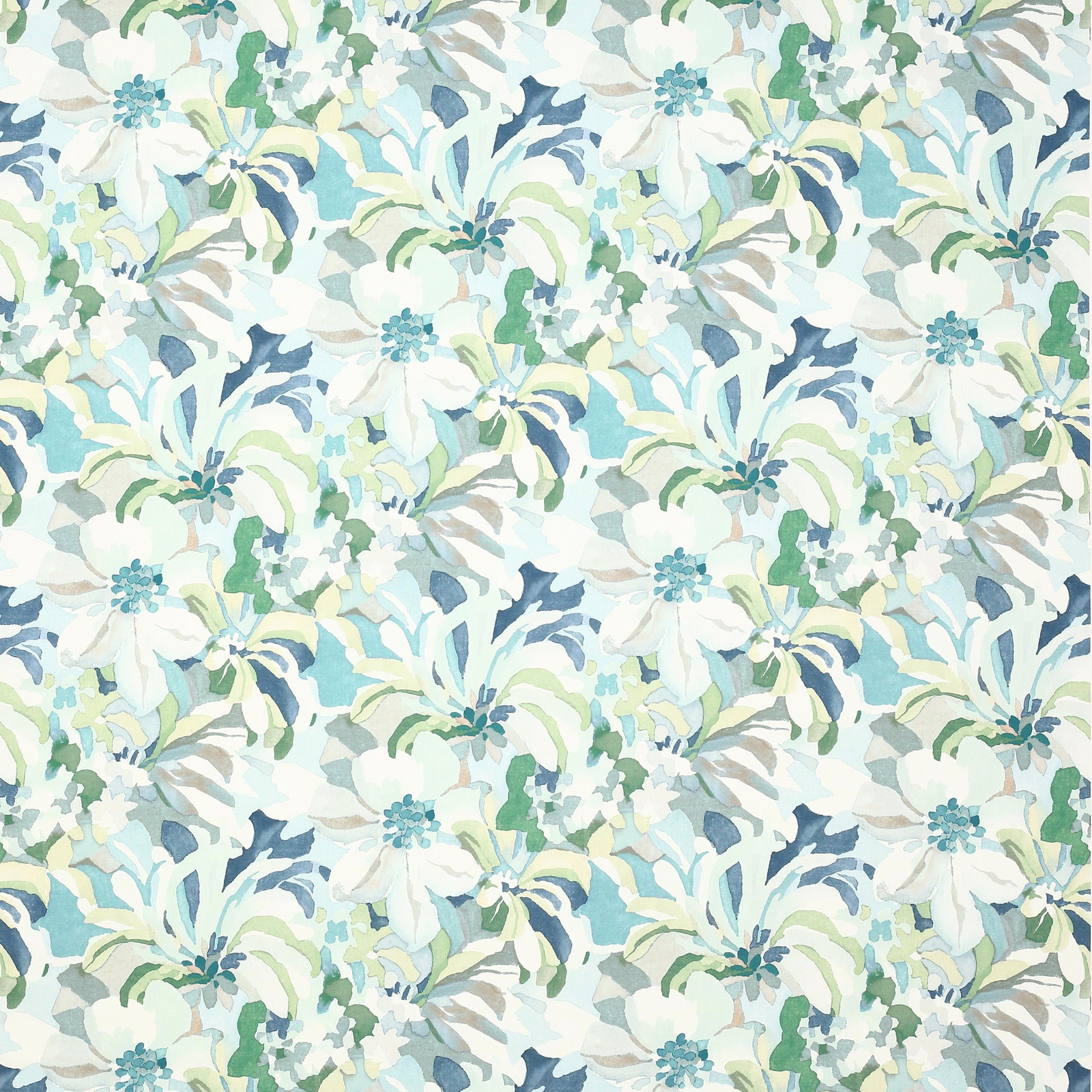 Painterly teal, aqua and green floral fabric on a pale ivory ground