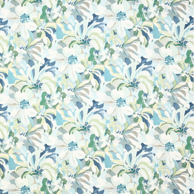 Painterly teal, aqua and green floral fabric on a pale ivory ground