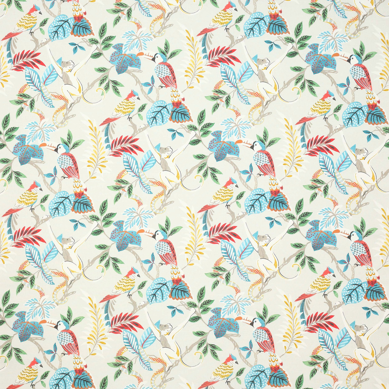 Cream ground fabric with colourful birds, leaves and floral botanical repeat