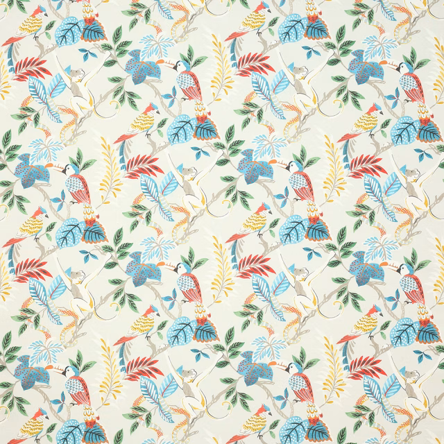Cream ground fabric with colourful birds, leaves and floral botanical repeat
