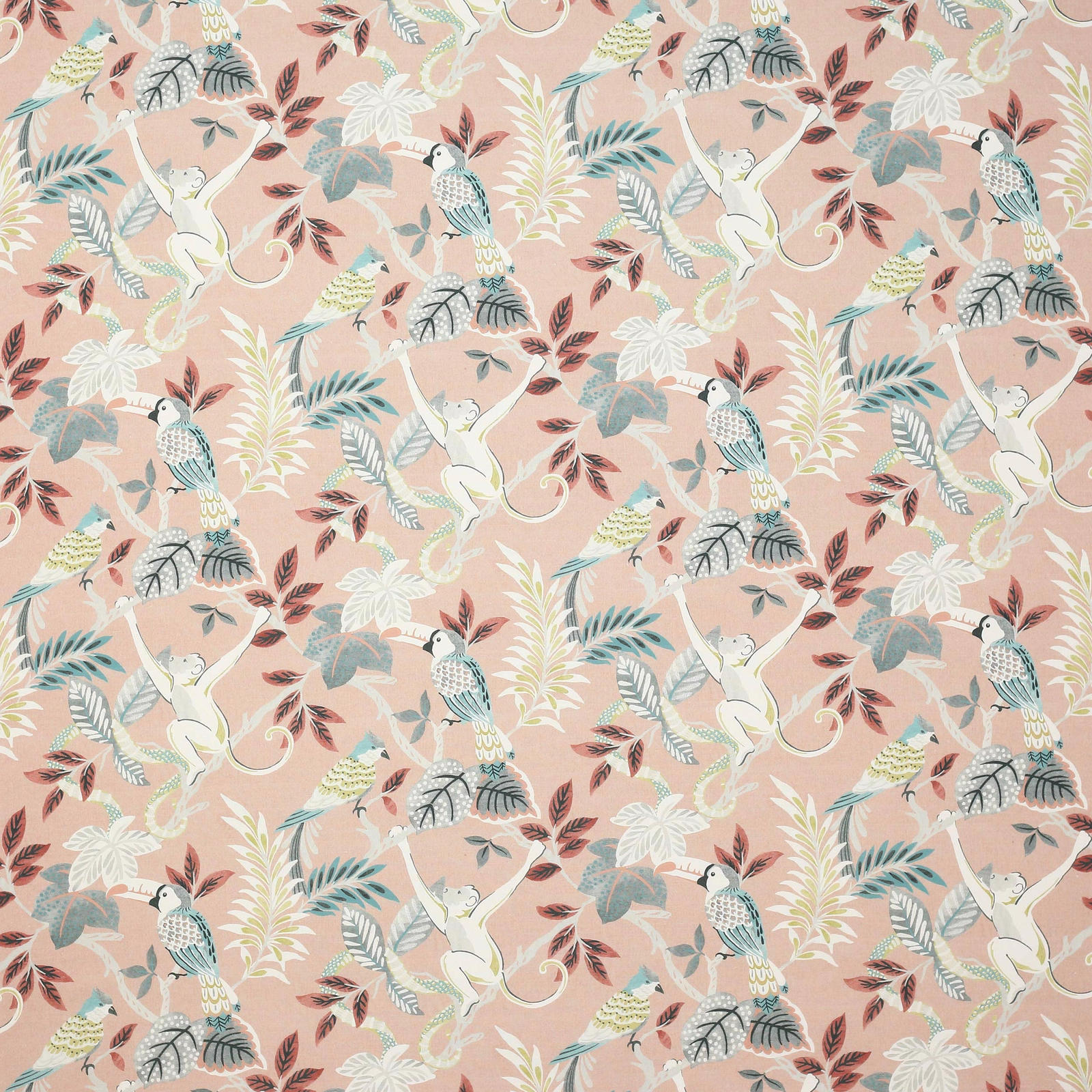 Blush pink botanical fabric with birds, leaves and grey-blue accents