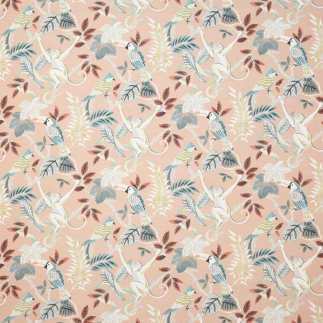 Blush pink botanical fabric with birds, leaves and grey-blue accents