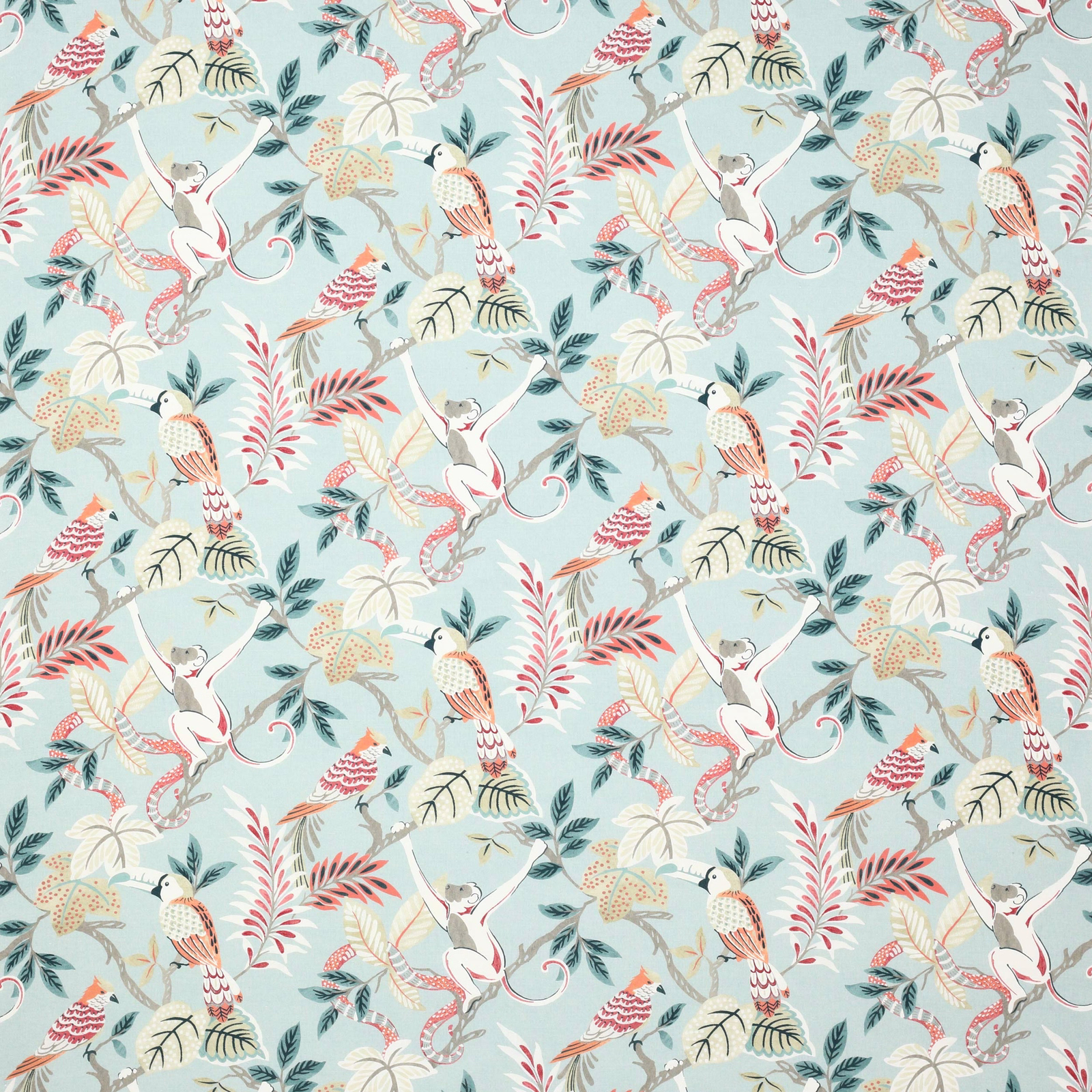 Pale slate blue bird and foliage fabric with coral and cream motifs