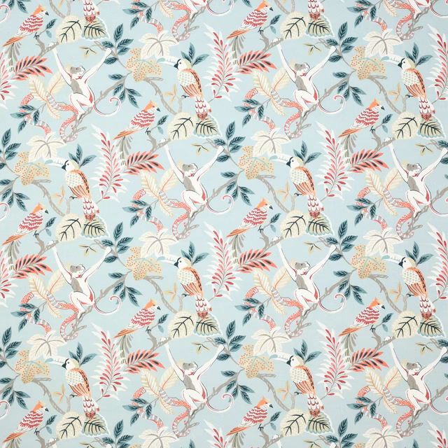 Pale slate blue bird and foliage fabric with coral and cream motifs