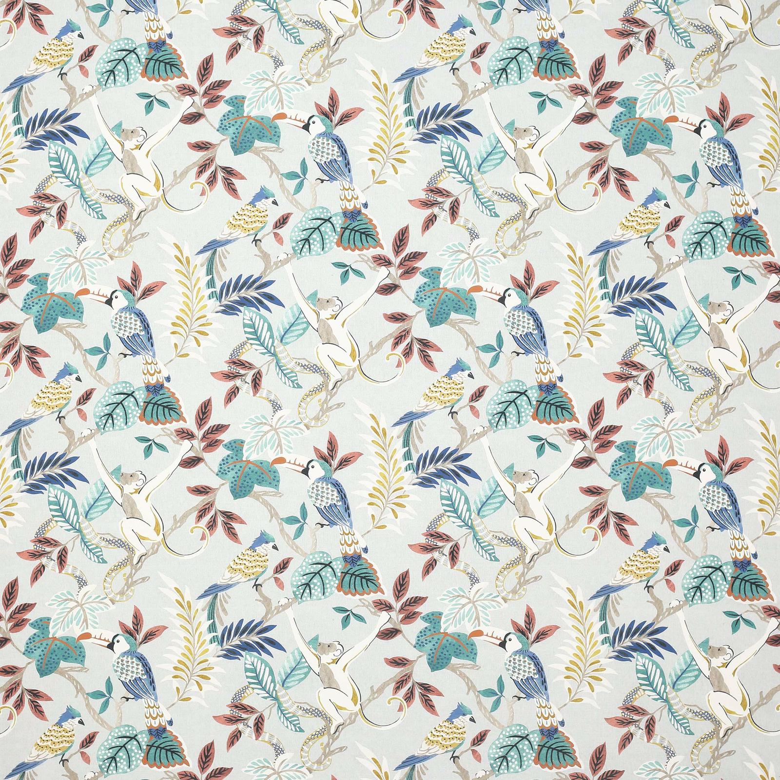 Bird and foliage print in teal, blue, blush and cream on a pale ground