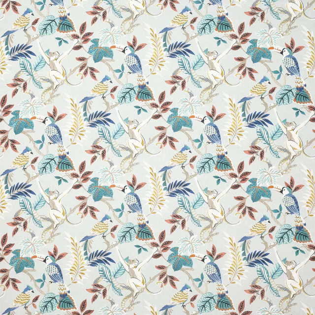 Bird and foliage print in teal, blue, blush and cream on a pale ground