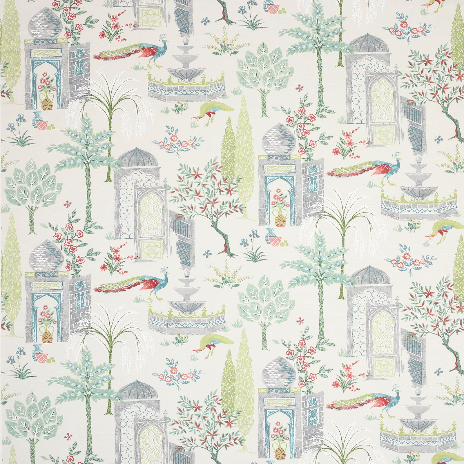 Large-scale garden print with pavilions, trees and parrots in soft green and aqua