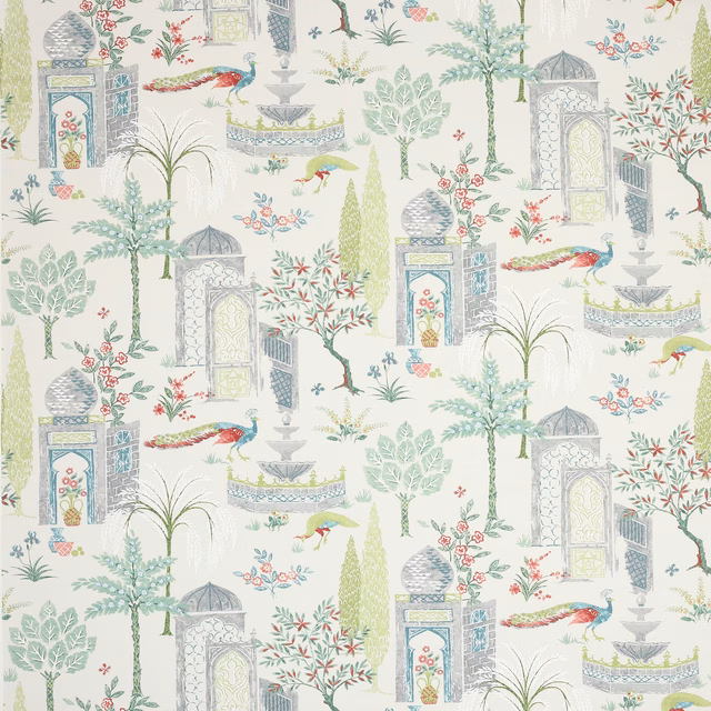Large-scale garden print with pavilions, trees and parrots in soft green and aqua