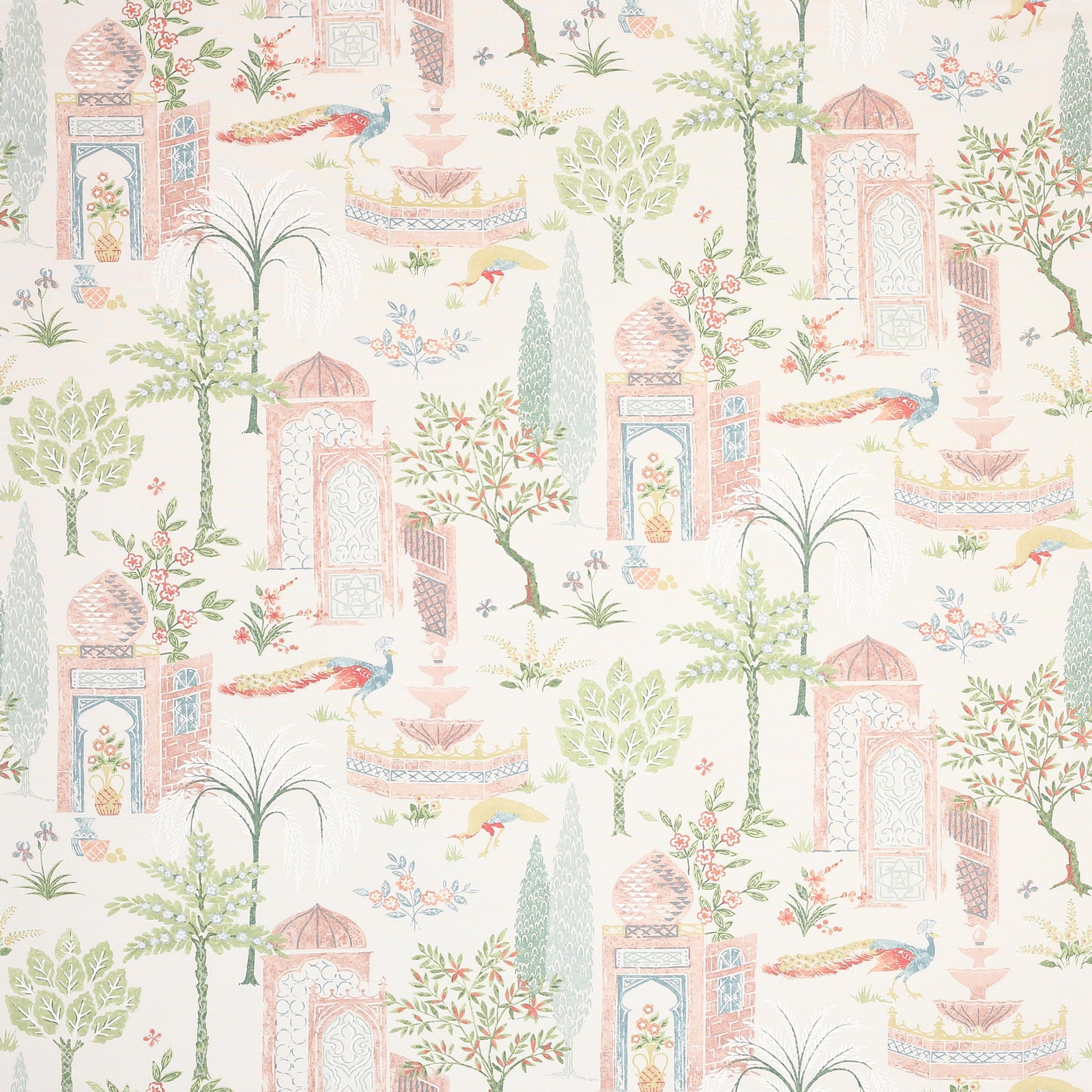 Pastel patterned fabric with pink pavilions, trees and birds on a pale ground