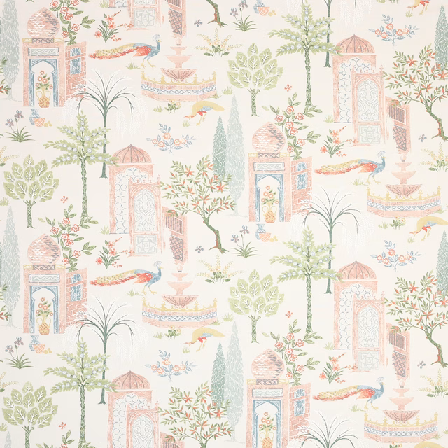 Pastel patterned fabric with pink pavilions, trees and birds on a pale ground