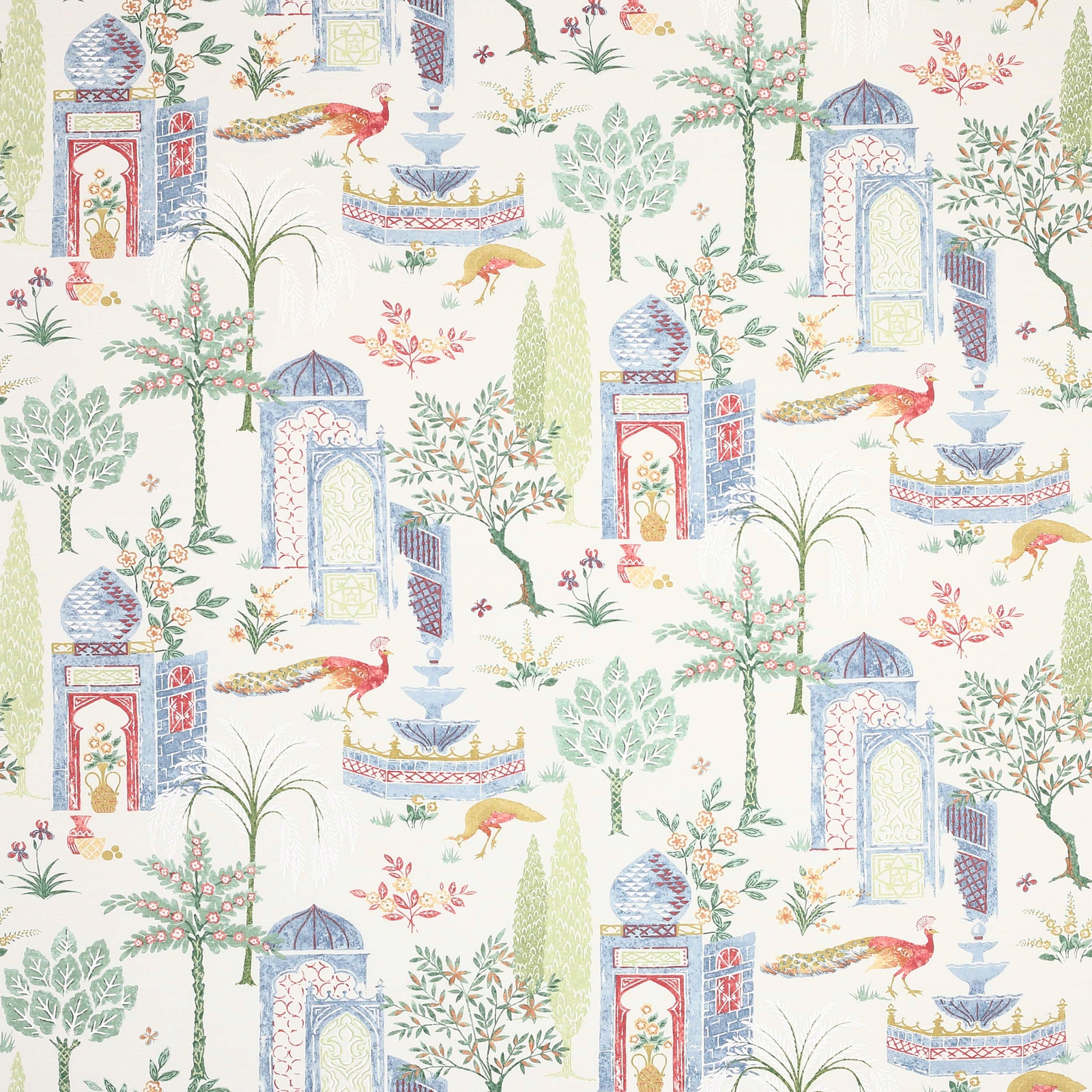 Printed fabric swatch with pale ground, pastel temple and bird motifs in red, blue and green