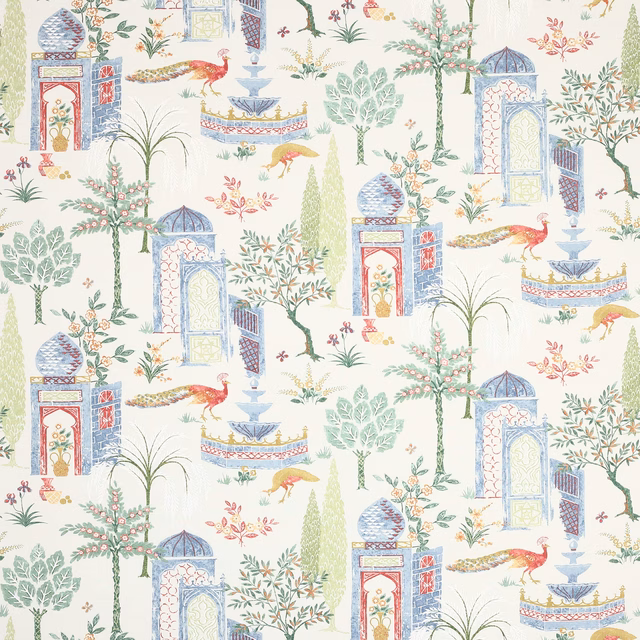 Printed fabric swatch with pale ground, pastel temple and bird motifs in red, blue and green