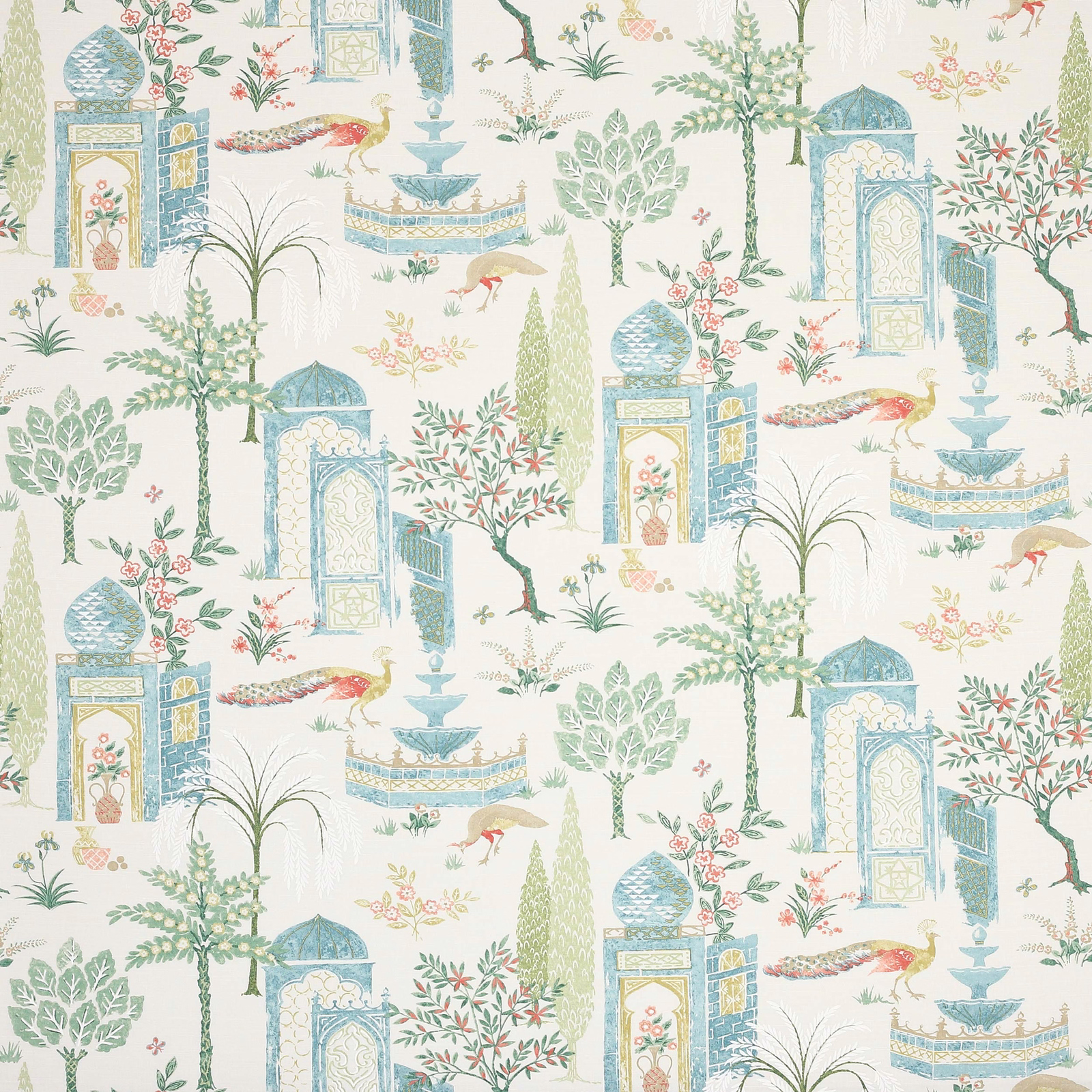 Teal and aqua printed fabric with palace motifs, trees and birds on cream