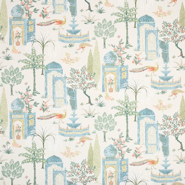 Teal and aqua printed fabric with palace motifs, trees and birds on cream