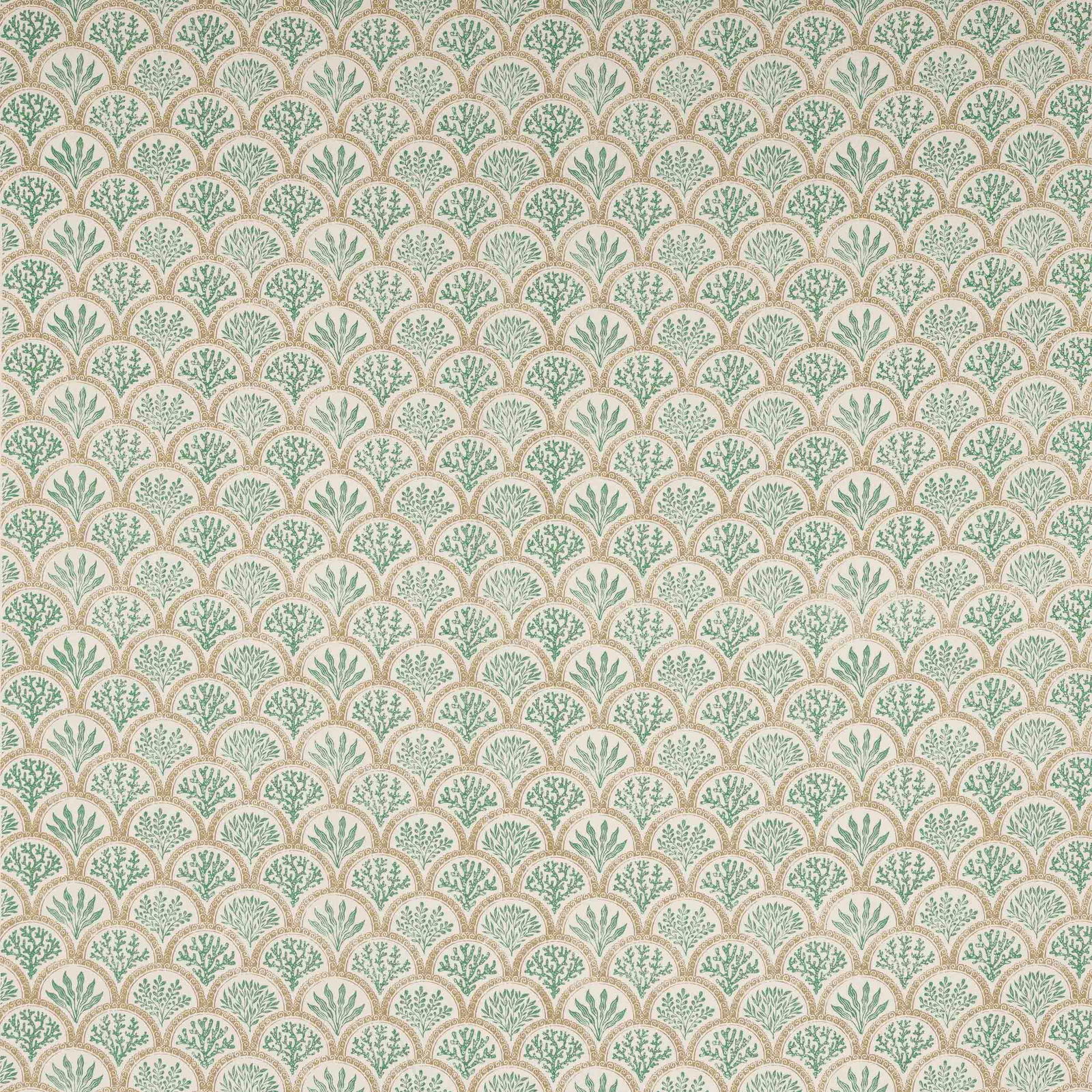 Small scalloped floral print in aqua and beige on a linen-blend ground
