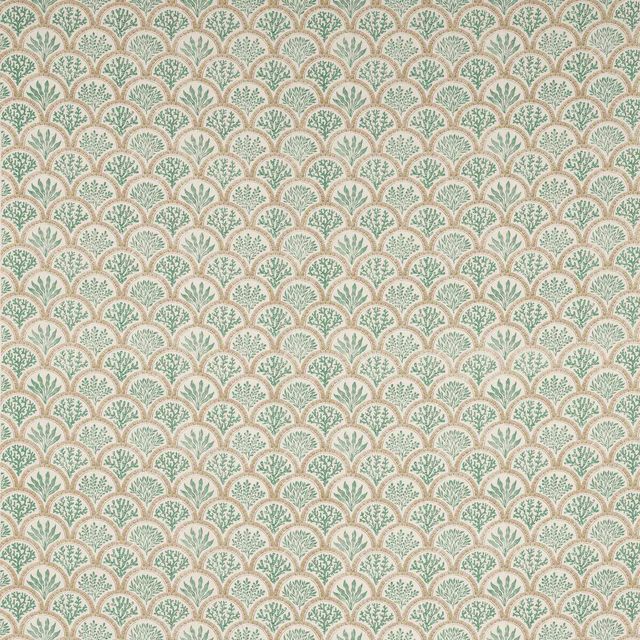 Small scalloped floral print in aqua and beige on a linen-blend ground