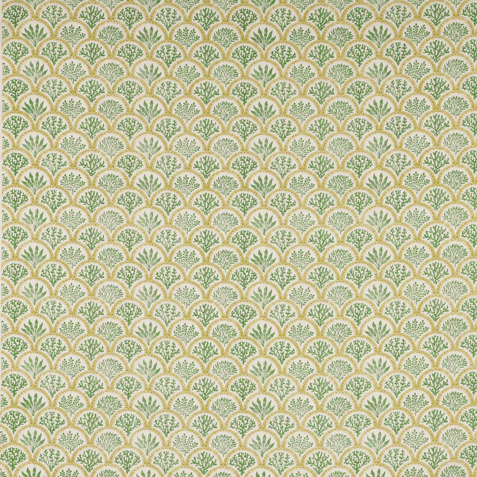 Small green shell print on a pale natural ground with scalloped repeats