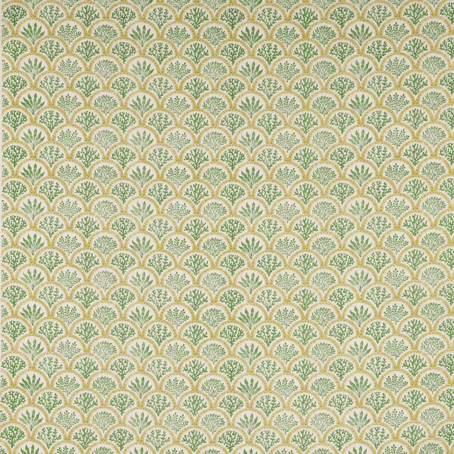Small green shell print on a pale natural ground with scalloped repeats