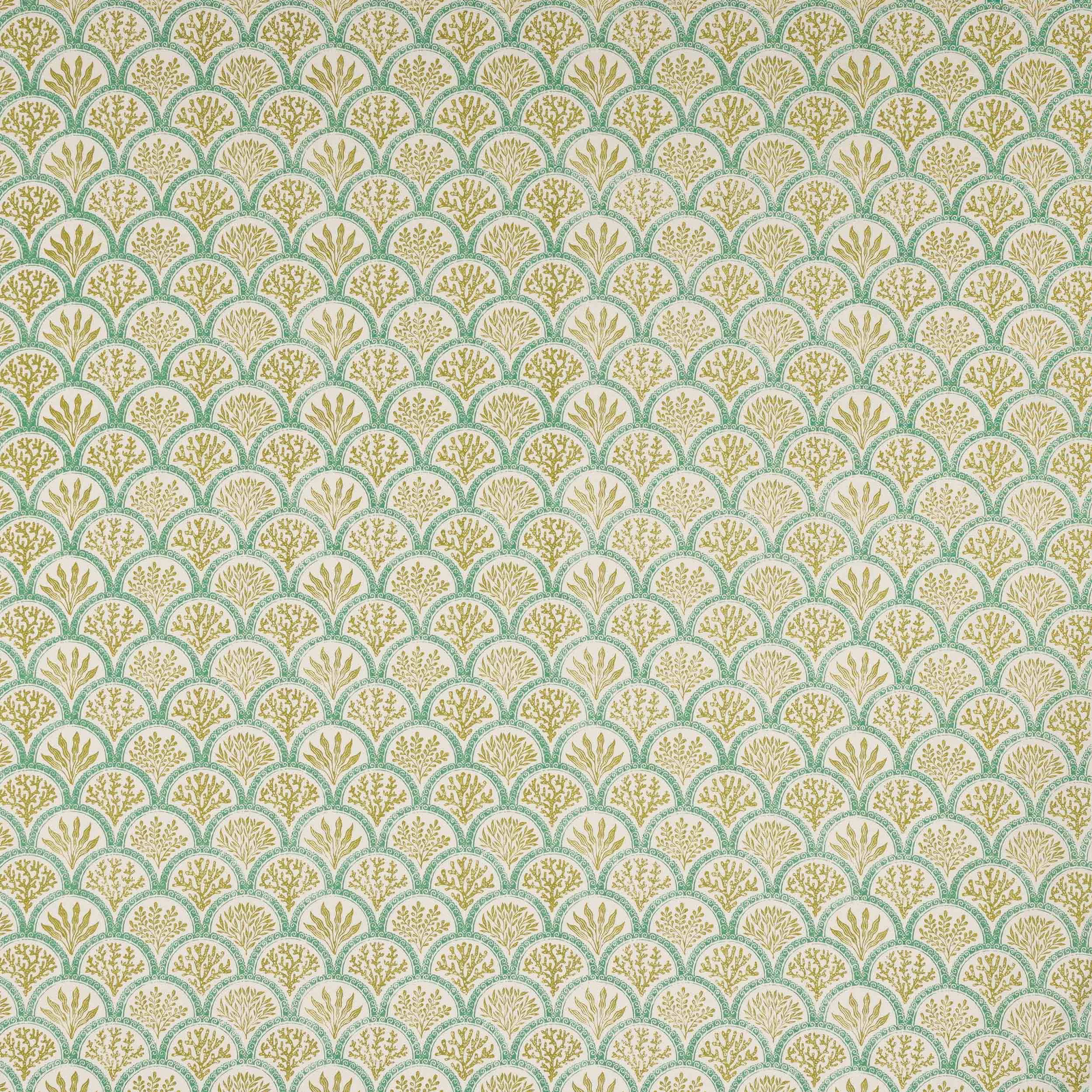 Small scalloped lime and teal print on a pale cream linen-cotton ground