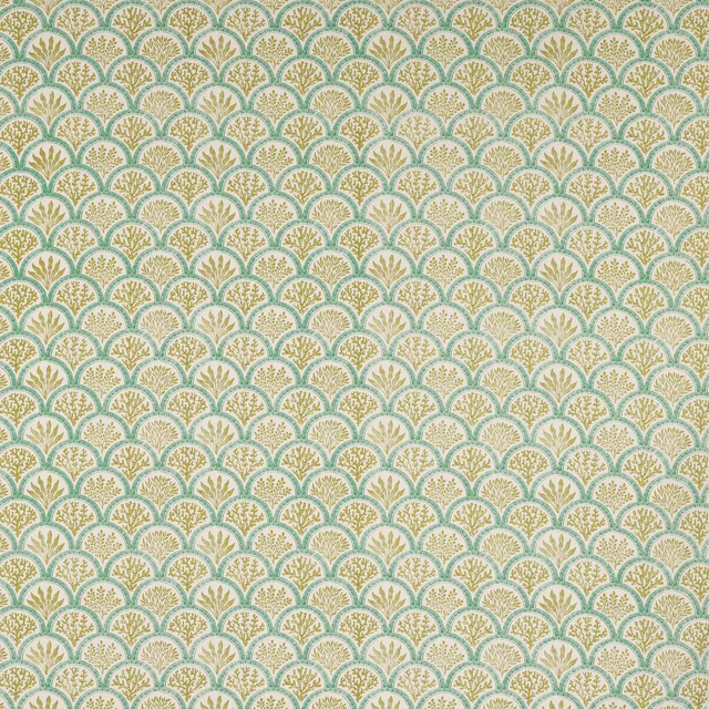 Small scalloped lime and teal print on a pale cream linen-cotton ground