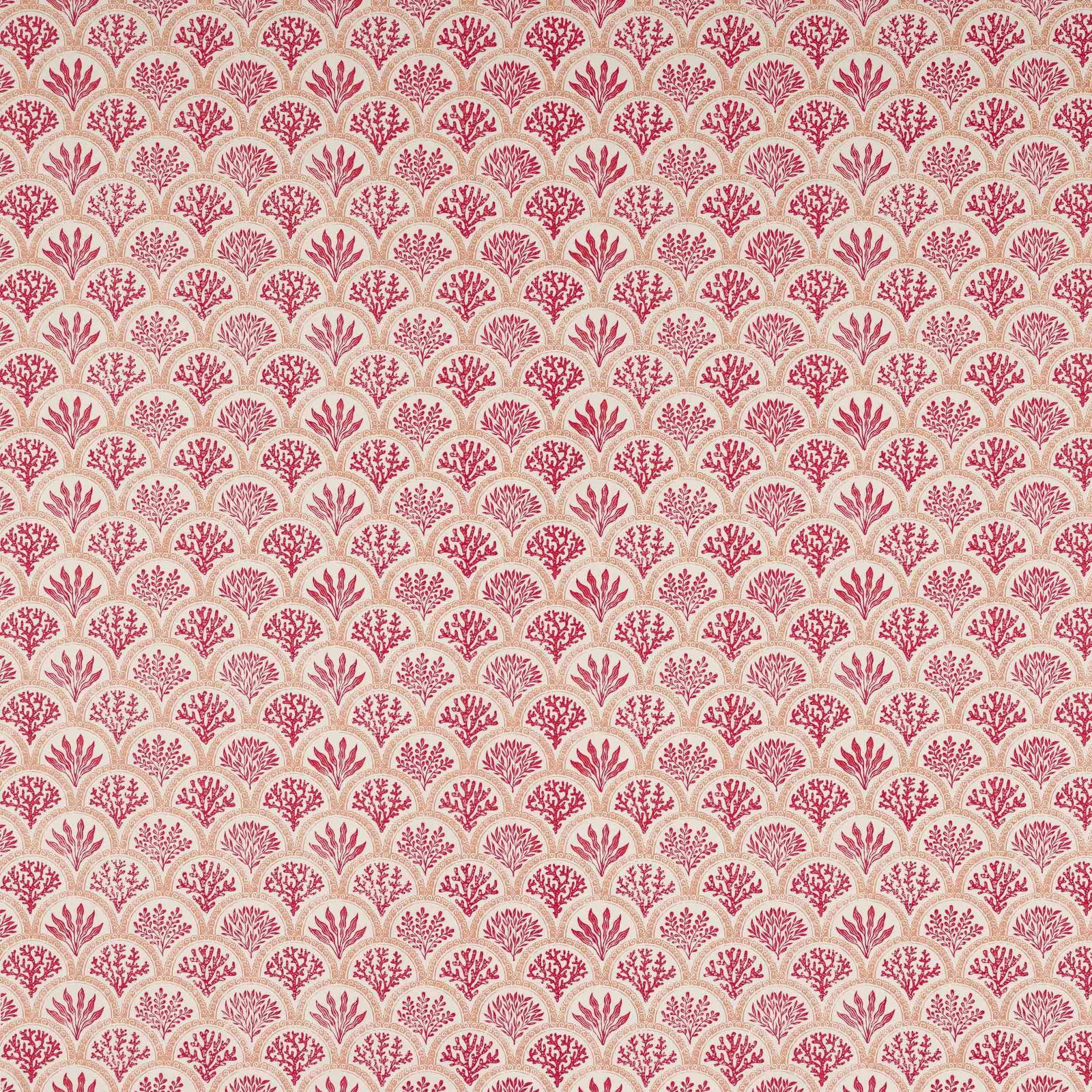 Cream fabric with repeating coral pink fan and leaf motif