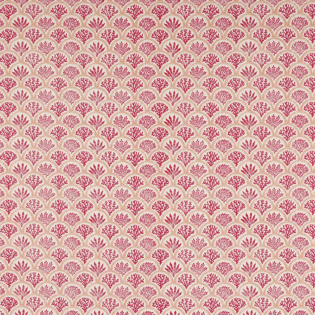 Cream fabric with repeating coral pink fan and leaf motif