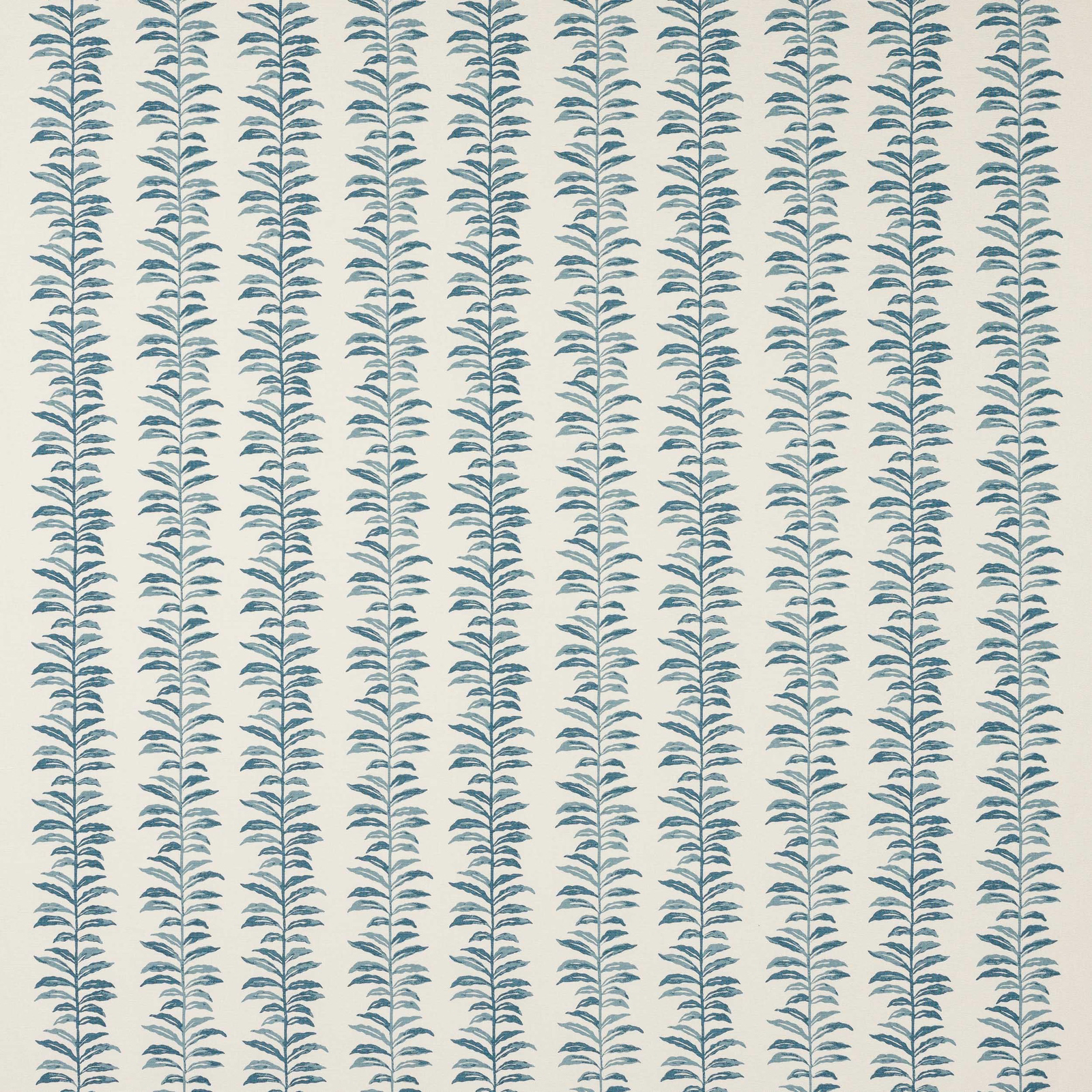 Blue-green leaf stripe fabric on a pale cream ground, shown as a repeating swatch