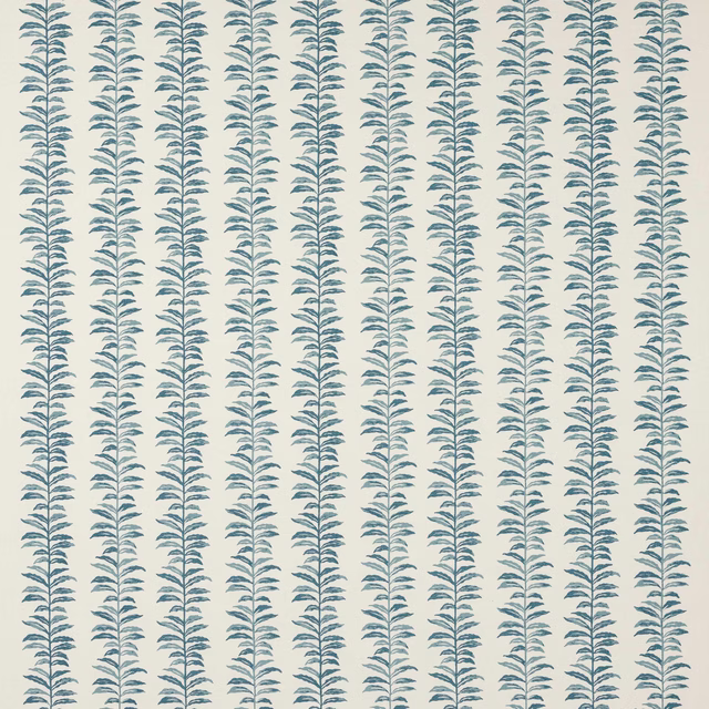 Blue-green leaf stripe fabric on a pale cream ground, shown as a repeating swatch