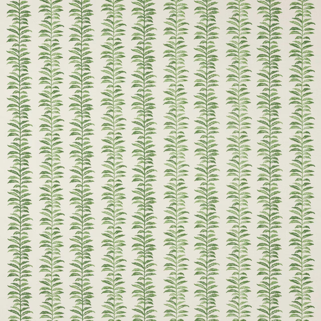 Vertical leafy green stripe print on a pale ground, shown as a fabric swatch