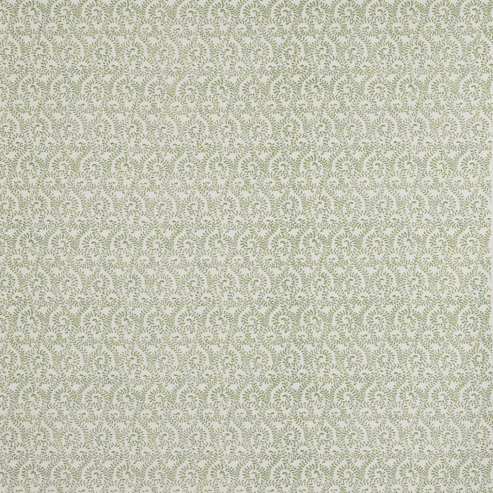 Soft sage-green small leaf print on a pale ground, cotton-linen fabric