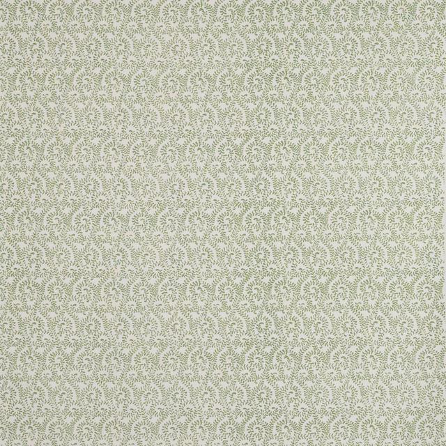 Soft sage-green small leaf print on a pale ground, cotton-linen fabric
