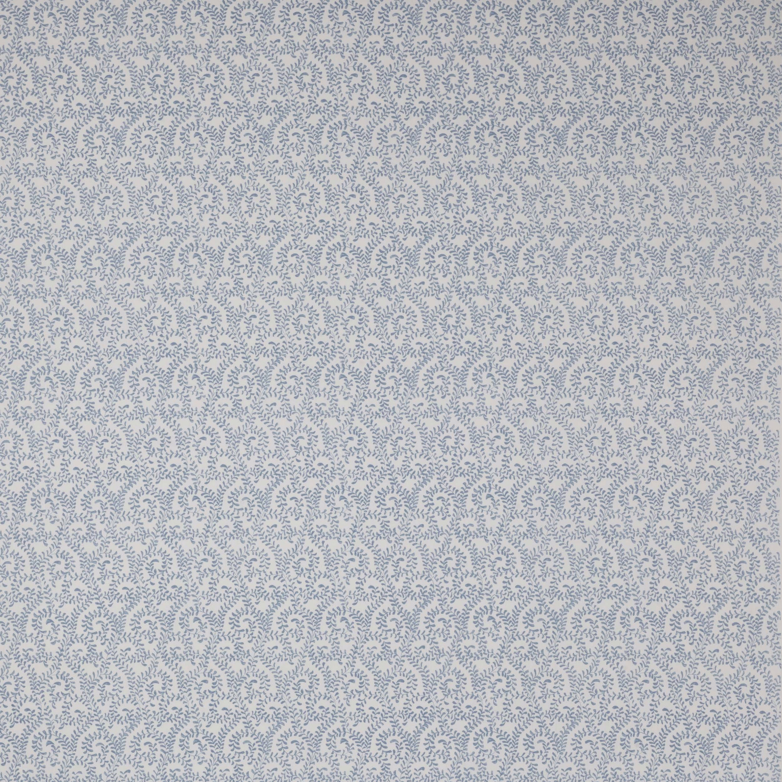 Soft blue small-scale leaf print on a pale woven ground