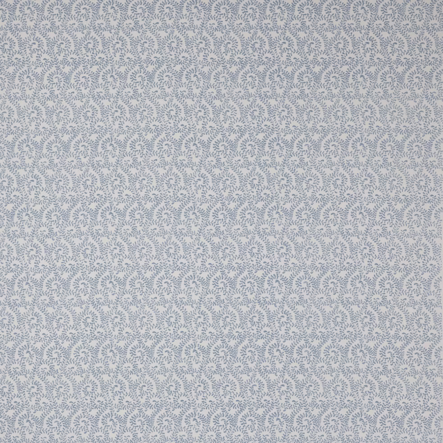Soft blue small-scale leaf print on a pale woven ground