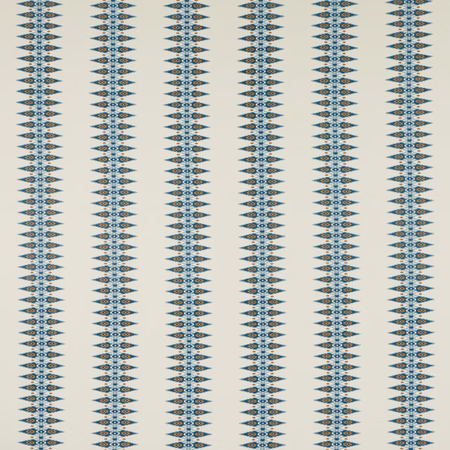 Pale ground fabric with narrow vertical teal-blue ikat stripe motifs and tiny ochre accents