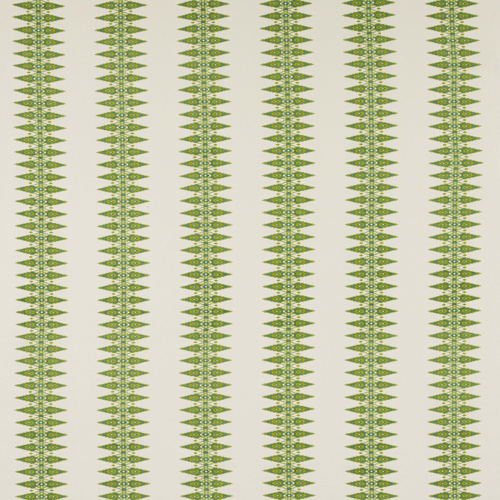Pale ground with narrow vertical green stripe motif in a repeating small geometric pattern