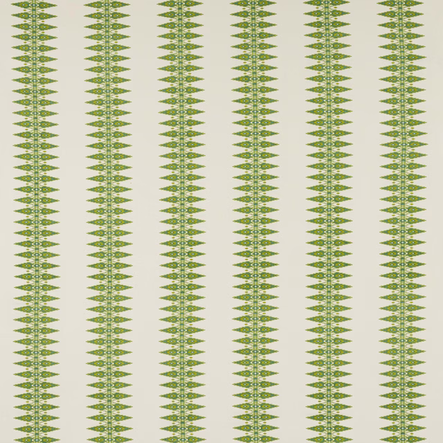 Pale ground with narrow vertical green stripe motif in a repeating small geometric pattern