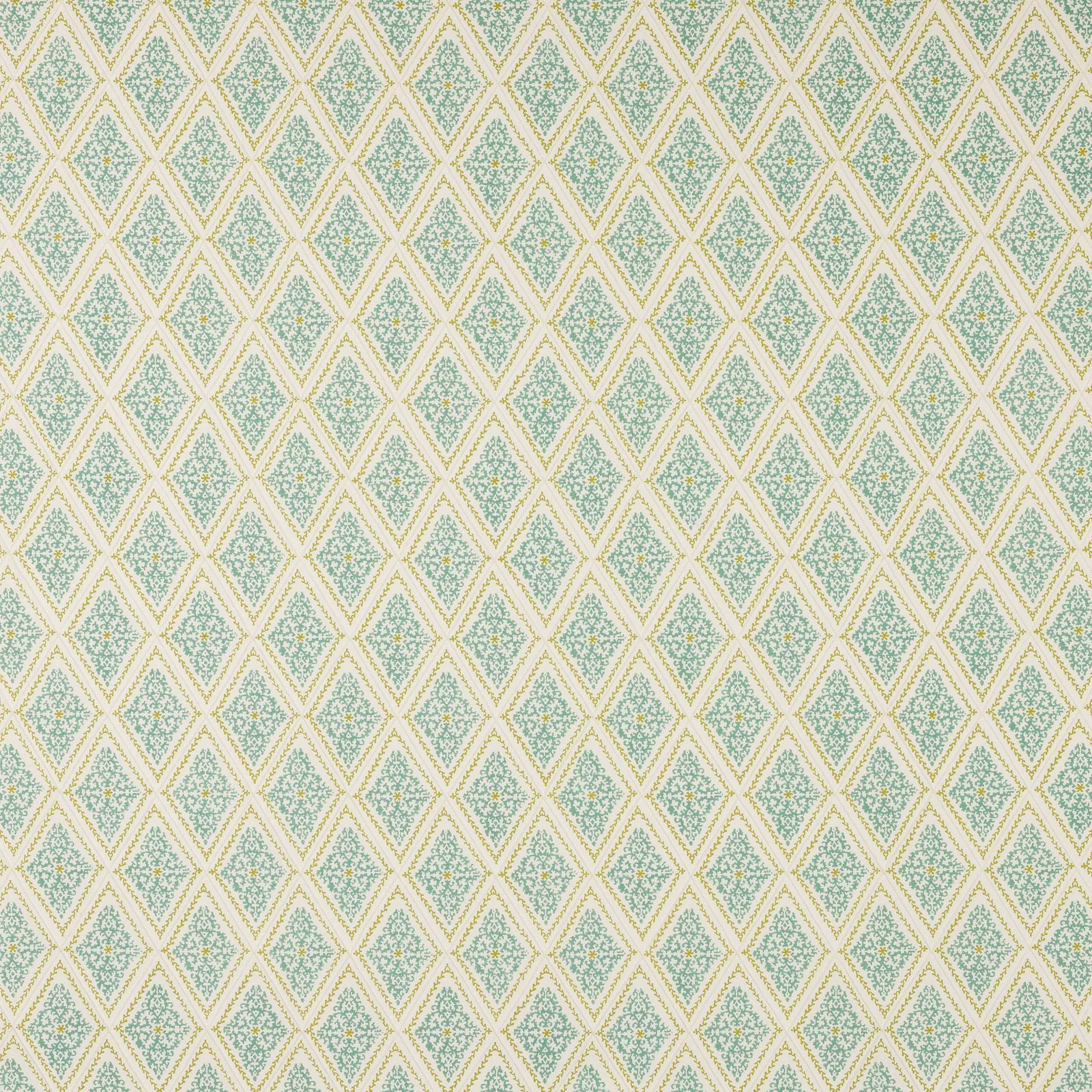 Small aqua and lime diamond print on a warm ivory cotton ground
